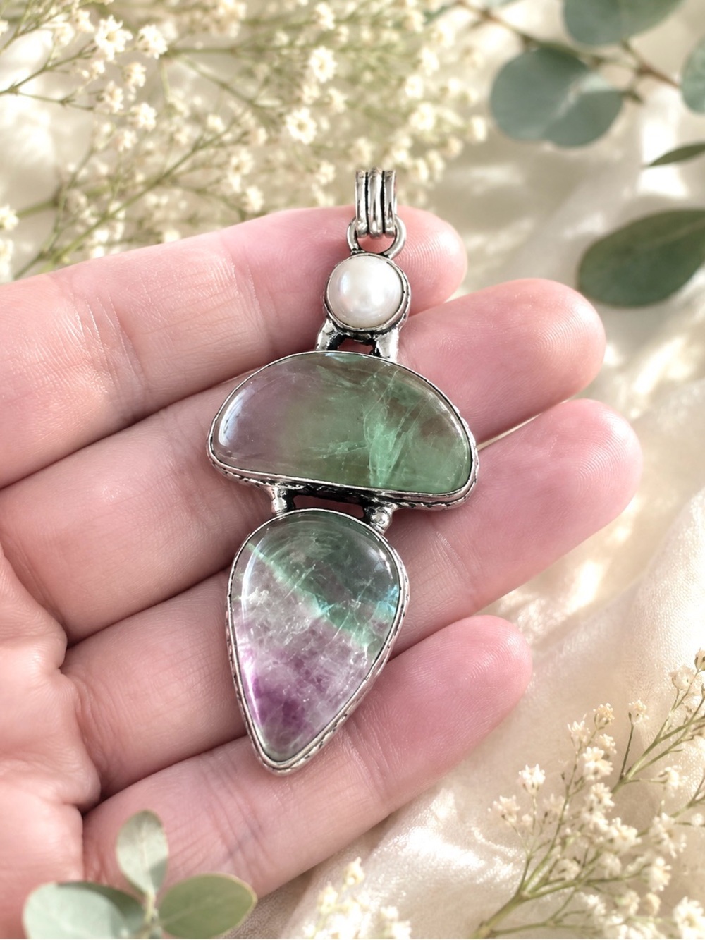 Natural Fluorite & Pearl Gemstone 2.8” Silver Pendant - Picture 3 of 7